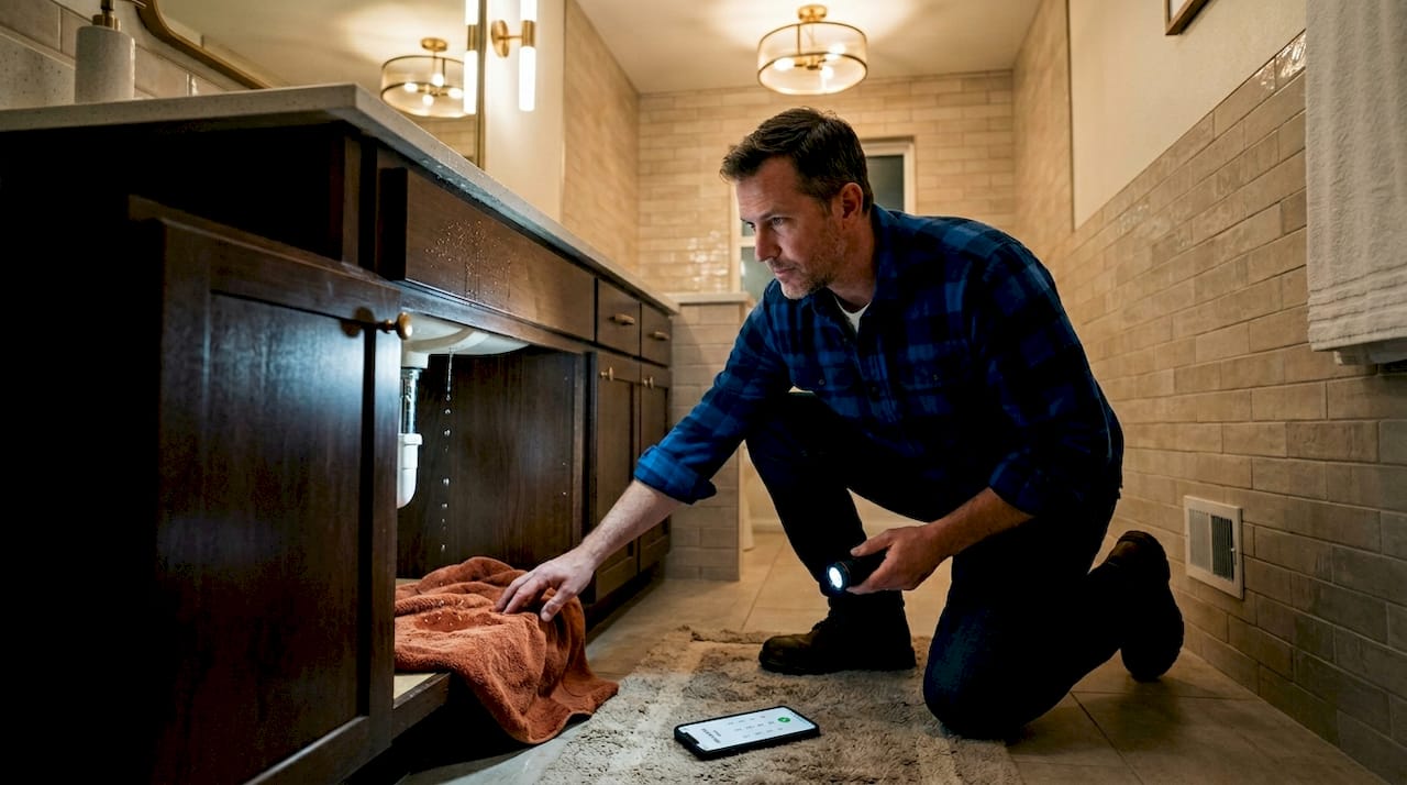Homeowner checks sink during plumbing emergency at night