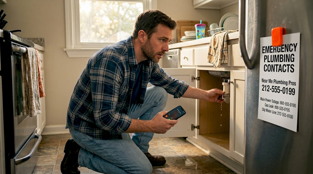 Homeowner contacting plumber near leaking kitchen sink